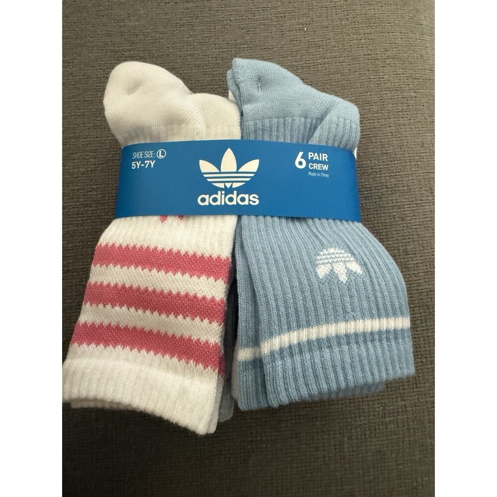 Adidas Originals Youth Crew Socks 6 Pair White Pink Blue Size L 5Y-7Y NWT